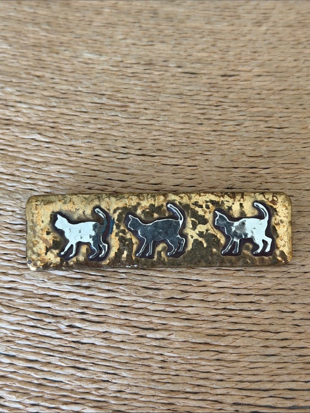 Brass Cat Bar brooch three silver Cat Silhouettes artisan made